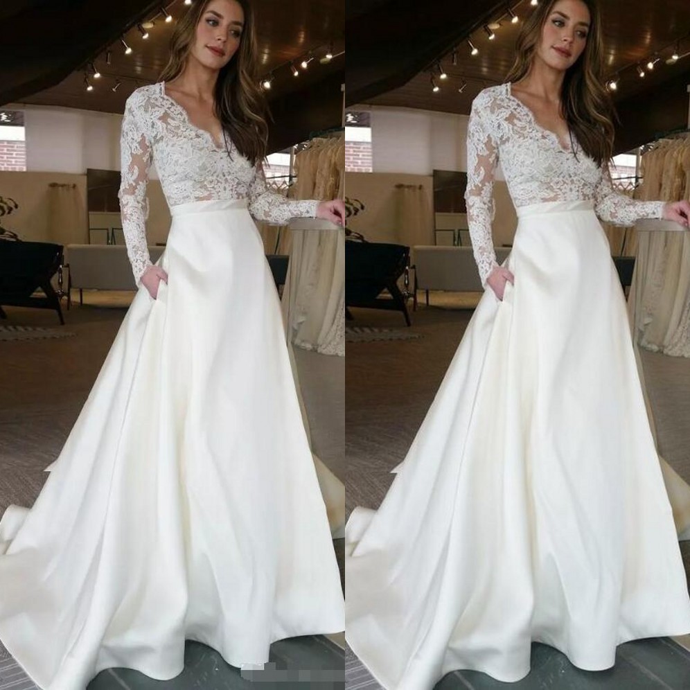 Long Sleeve Wedding Dresses 2019 Sexy Boho V-Neck See-Through Pocket Ivory Lace A-Line Beach Wedding Vestido de Noiva Praia
