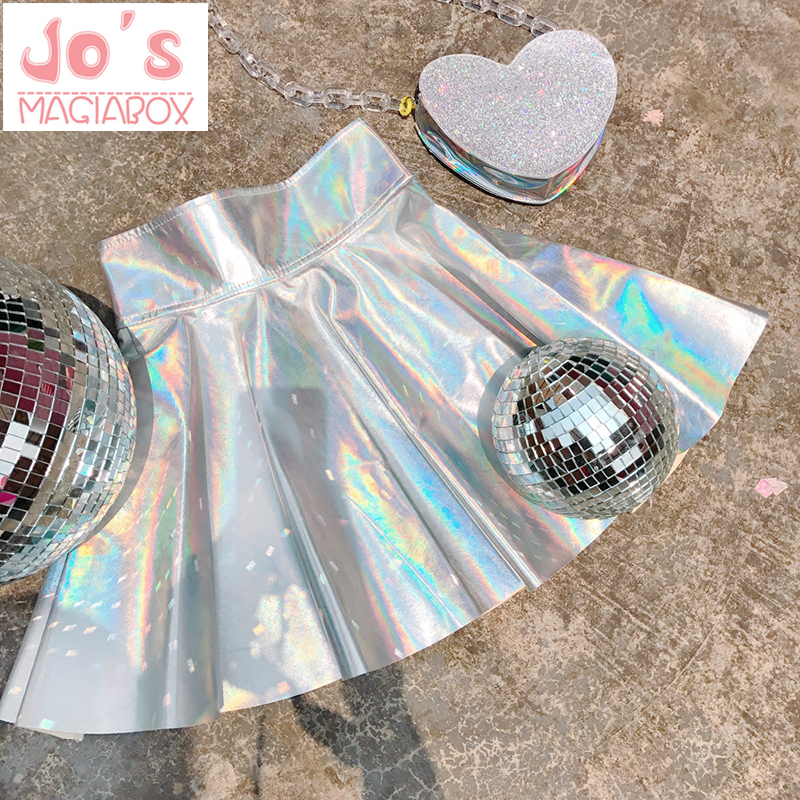 Holographic Pleated Skirts Women PU Solid Harajuku Casual Sexy Laser Hight Waist Micro Mini Short JK Skirts Women Rainbow S916