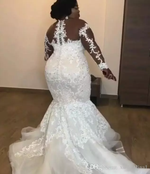 Amazing African Mermaid Dresses Beaded Lace Appliques Long Sleeve Bridal Gowns Sexy Sheer Scoop Plus Size Wedding Dress