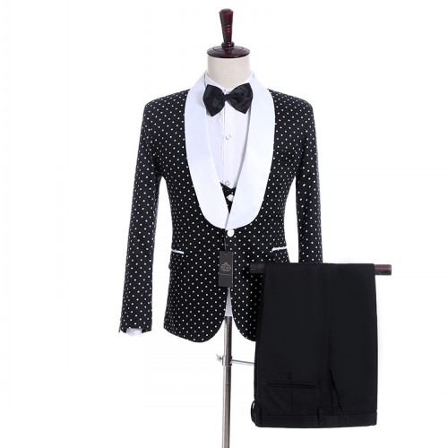 Excellent Black white point Groom Tuxedos One Button Side Vent Groomsmen Blazer High Quality Men Business Prom Suit(Jacket+Pants+Tie+Vest)