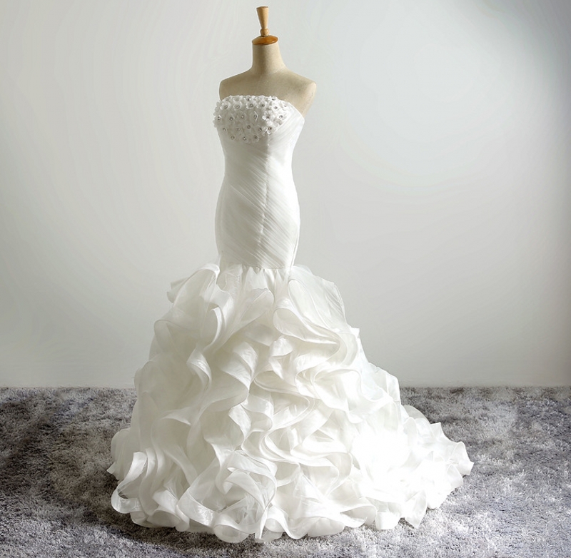 New Strapless Mermaid Organza Wedding Dresses Flowers Pleat Long Bridal Gowns Bride Dress robe de mariage Plus Size vestido de noiva