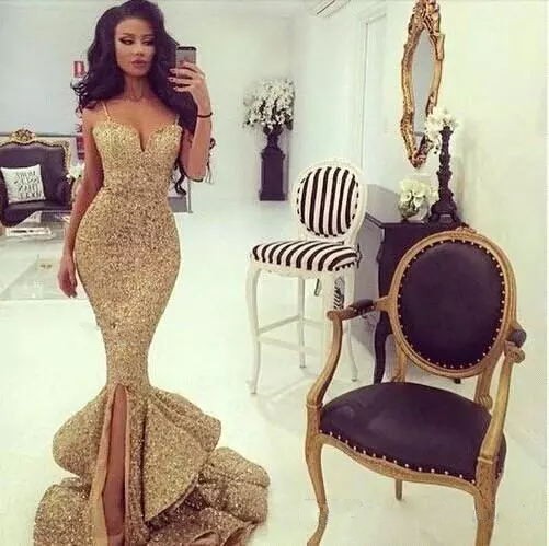 Sparkly Sequined Fabric Gold Prom Dresses Spaghetti Straps Mermaid Ruffles Bottom Elegant Evening Formal Dresses 2018