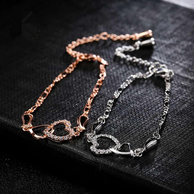 Women Sweet Design Yellow Gold Plated CZ Double Hearts Anklets Bracelet Chain Bride for Wedding Party
