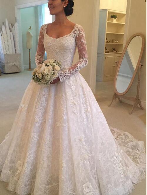 Long Sleeve Lace Wedding Dresses Latest Hot Sale Scoop Neck A-line Button Back Appliques Beaded Bridal Wedding Gowns robes de soirée