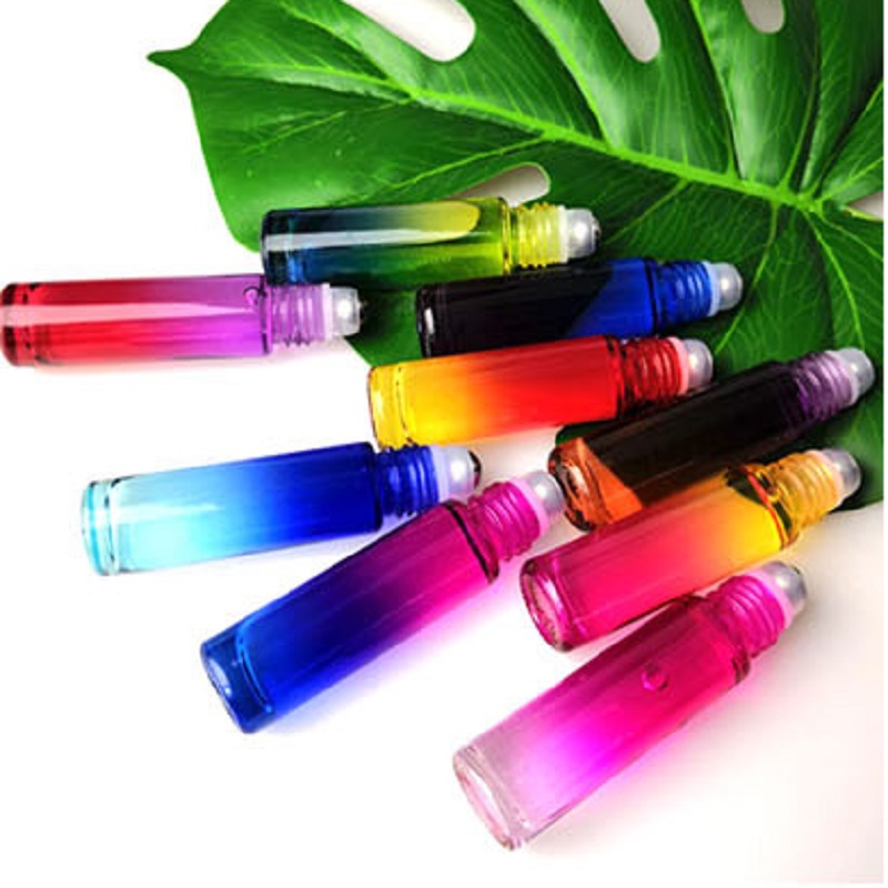 Color gradient 10 ml Glass Essential Oils Roll-on Bottles with Stainless Steel Roller Balls Roll on Bottle 9 Colors 8 caps