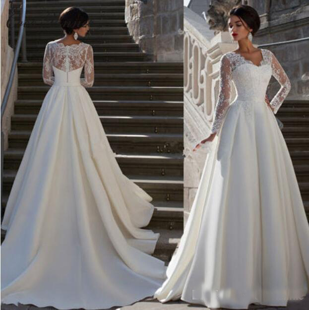 2018 Elegant A Line Long Sleeves Wedding Gowns European Style V Neck Lace Bridal Dress Sweep Train Button Back Wedding, Red
2018 Elegant A Line Long Sleeves Wedding Gowns European Style V Neck Lace Bridal Dress Sweep Train Button Back Wedding, Red