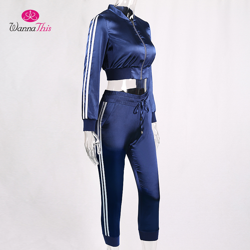 WannaThis 2017 Autumn Winter Satin Sets Women Zipper Side Stripe Crop Tops Drawstring Calf Length Pants Sexy Workout Tracksuits D18110706