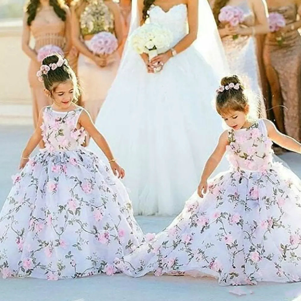 Ball Gown Flower Girls Dresses For Wedding Jewel Neckline Hand Made Flowers Puffy Floor Length Little Girls Pageant Dresses Gowns