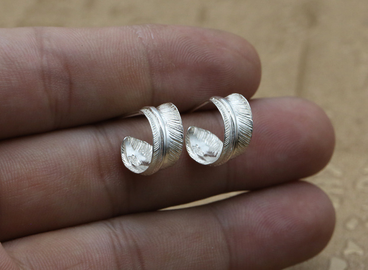 Brand new 925 sterling silver vintage jewelry American European antique silver hand-made designer feather stud earrings for women
