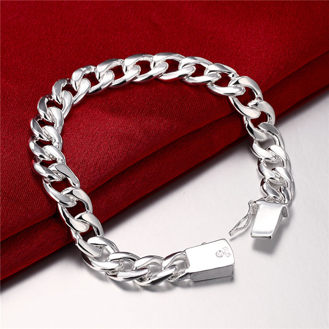 10MM square buckle side bracelet - men's - sterling silver plated bracelet ; Wedding gift fashion men and women 925 silver bracelet SPB037