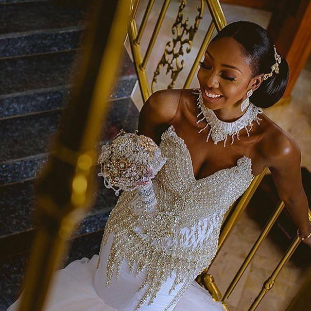 Gorgeous 2018 High Neck Rhinestones Beaded Wedding Dresses Mermaid Tulle Court Train Africa Top Wedding Bridal Gown Custom Made