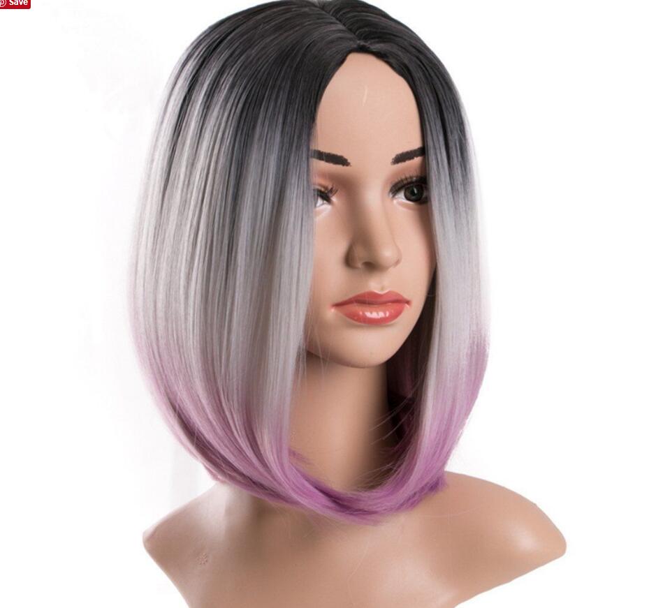 Beatiful BOB Gray Ombre Hair Short Synthetic Straight Wig Hairstyle Hightemperature for Party