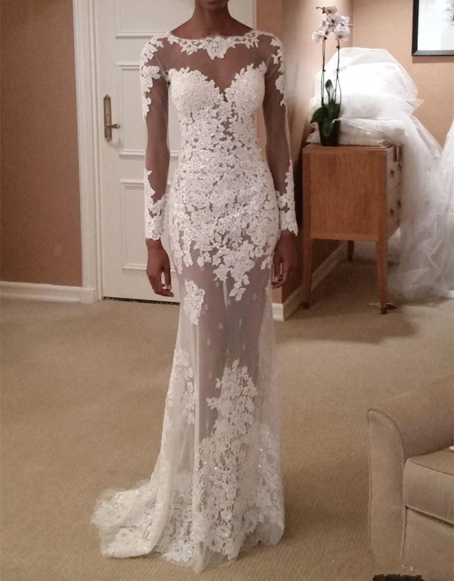Sleeve Mermaid Long Wedding Dresses with Detachable Train Sequins Jewel Neck Abiti Da Sposa Illusion Bodice Lace Bridal Gowns