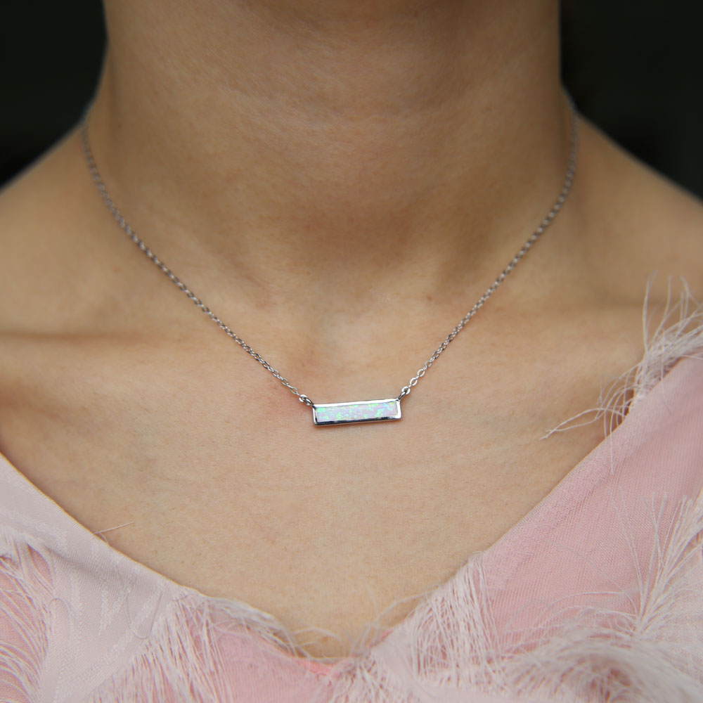 100% 925 sterling silver opal gemstone jewelry blue white fire opal simple geometric bar charm minimal silver necklaces