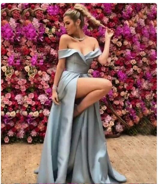 2019 Sexy Prom Dresses High Split Off The Shoulder Elastic Satin Sweep Train Formal Long Evening Dress Party Wear Women Robe De Soiree
