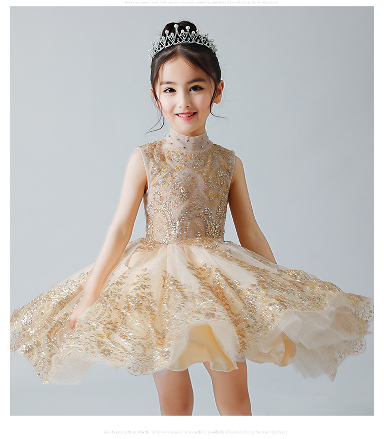Sparkly Gold Sequined wer Girls Dresses For Weddings Beaded Short Toddler Pageant Gowns High Neck Knee Length Tulle Kids Prom Dress
