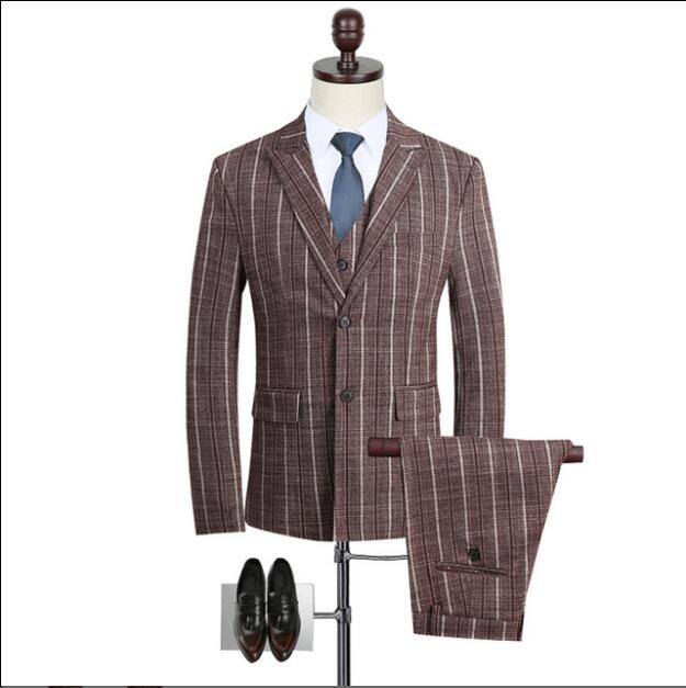 New Men's Suit Three-piece (Blazer+Pant+Vest) Business Wedding Casual Striped Suits Peaked Lapel Two Buttons Decent Trin Fit Tuxedos