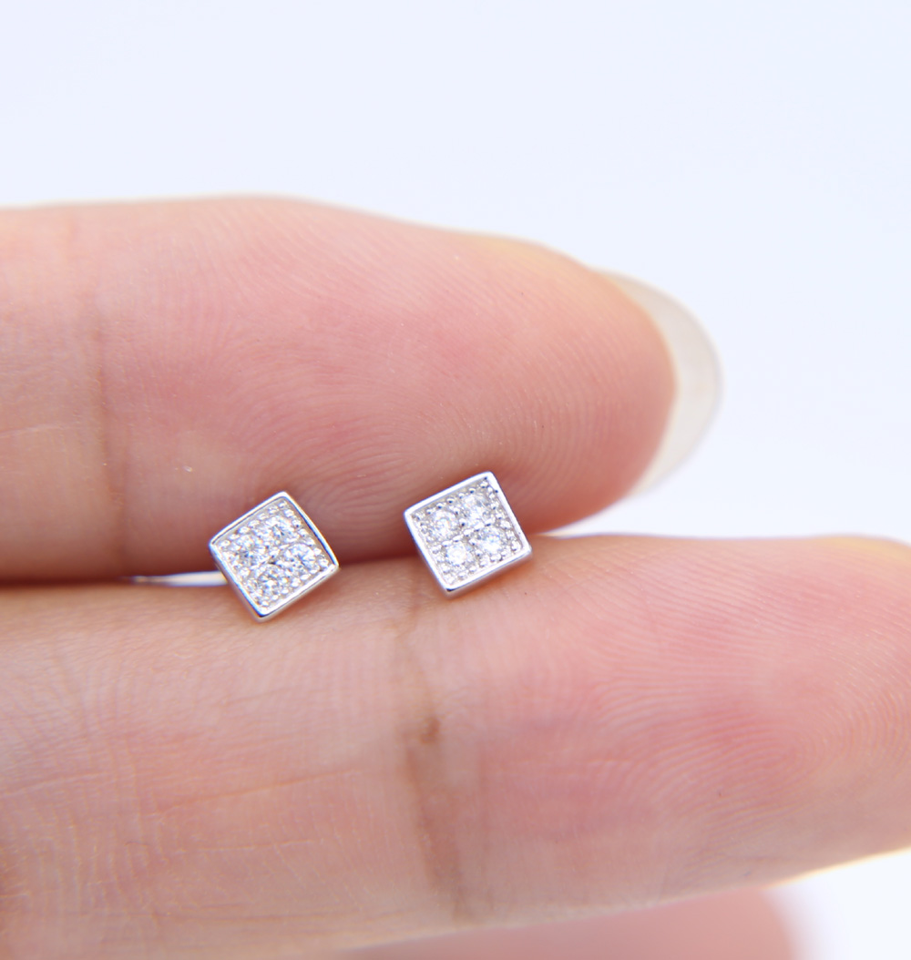 delicate minimal 925 sterling silver earring stud for girl micro pave cz tiny 4-5mm geometric round square multi piercing earrings