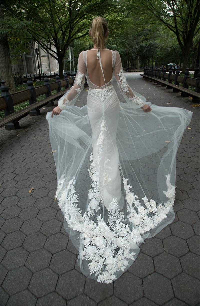 Gorgeous Il Dror A Line Dresses V Neck Appliques Illusion Backless Bridal Gowns Sweep Train Custom Made Wedding Dress
