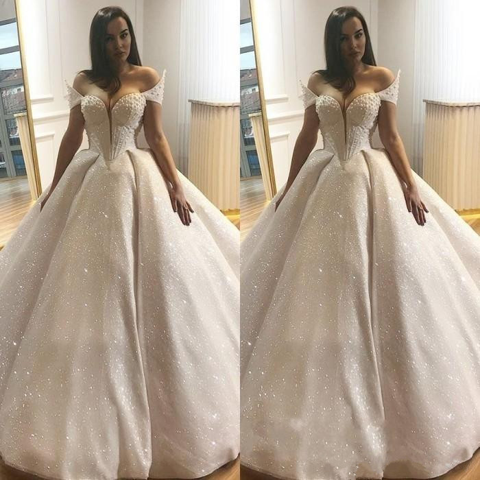 Shinning Wedding Dresses Off The Shoulder Pearls Beads Ball Gown Bridal Dress Sequined Country Plus Size Wedding Dress
