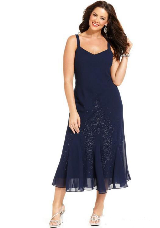 Elegant Navy Blue Chiffon Tea Length Plus Size Mother of the Bride Dresses with Jacket 3/4 Sleeves Mother Dresses Wedding Guest Dresses
