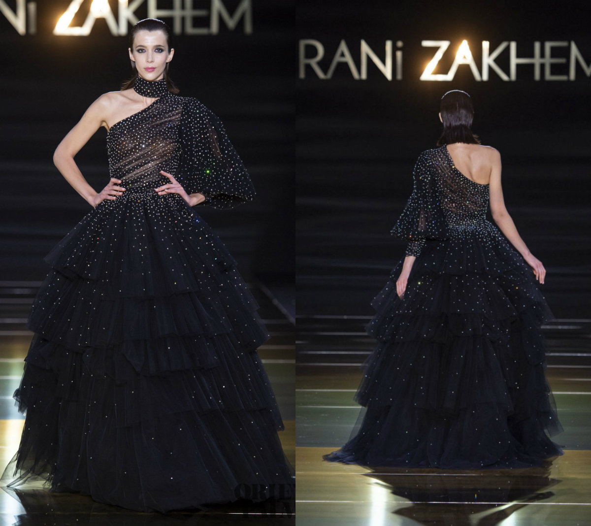 Black Prom Dresses With Bling Gitter Rhinestone High Neck One Shoulder Tiered Skirt Illusion Sweep Train Quinceanera Dresses Special Gowns