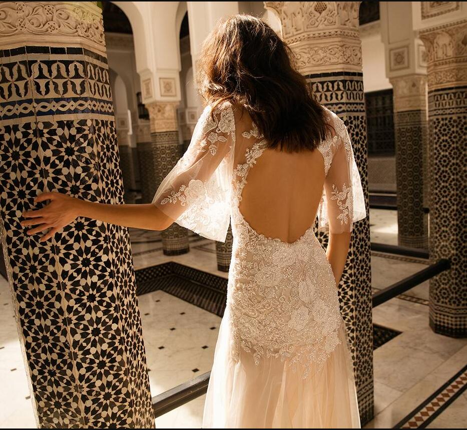 Liz Martinez Mermaid Wedding Dresses Illusion Sheer Jewel Neck Half Lone Sleeve Beach Bridal Gowns Appliqued Beaded Lace Wedding Dress Ivory
