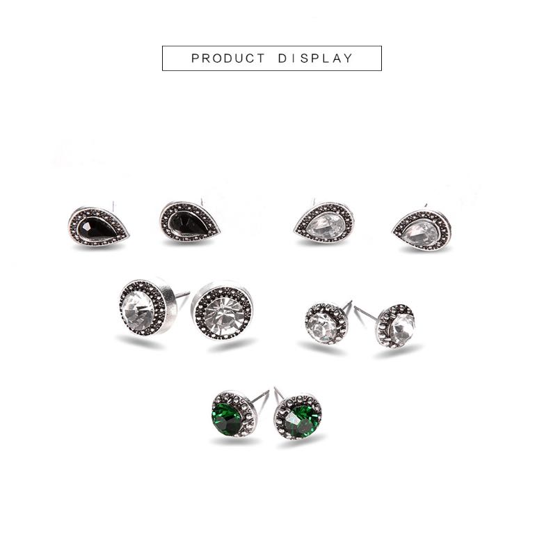 Vintage Bohemia Stud Big Fashion Crystal Earring Shinny Black White Green Rhinestone 5 Pairs For One Set