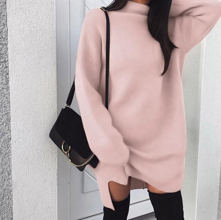 Women Autumn And Winter Style High Neck Sweater Solid Colored Loose Long Knitting Slit Dress Turtlenecks For Lady B4