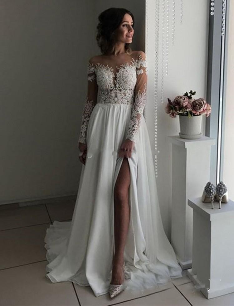 Modest Long Sleeves Sheer Neck Illusion Bodice Appliques Chiffon Slit Boho Bridal Dresses Beach Wedding Gowns With Split Free shippin