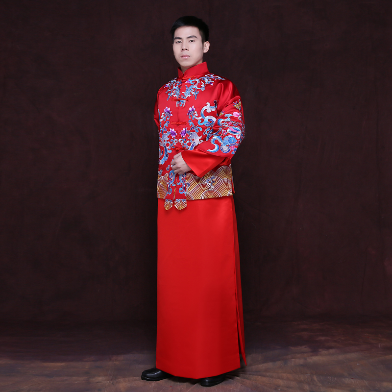 Chinese Traditional Wedding Groom gown robe Suzhou embroidery men clothing Groom wedding Outfit Ethnic clothes Red Beige Blue