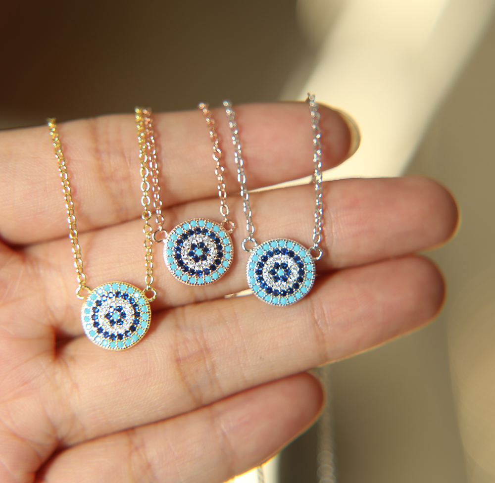 100% 925 sterling silver classic necklace round disk micro pave colorful cz turquoise evil eye charm lucky girl gift chain