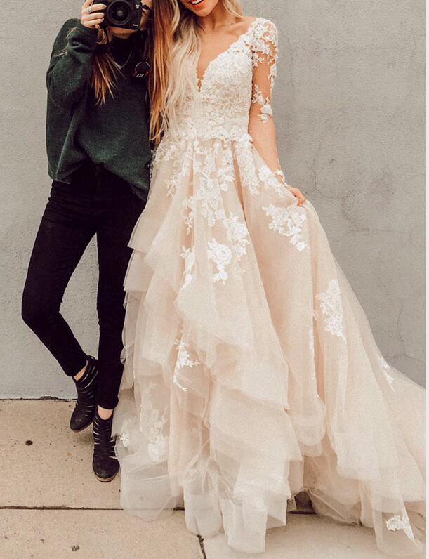 Light Champagne Boho Lace Wedding Dress Layered Tulle Appliques A-Line Backless Bridal Dresses Illusion Long Sleeves Country