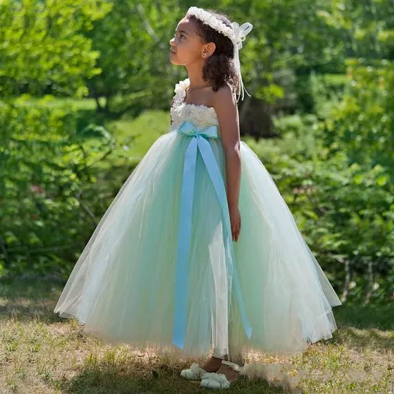 Mint Green Princess Flower Girl Wedding Dresses One Shoulder Strap Flowers Bodice Ball Gown Tulle Skirt Little Girls Birthday Party Dresses