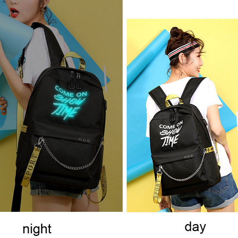 Winmax Luminous USB Charge Women Backpack Fashion Letters Print School Bag Girls Teenager Chain Backpack Bolsa Mochila Sac A Dos Y18110202