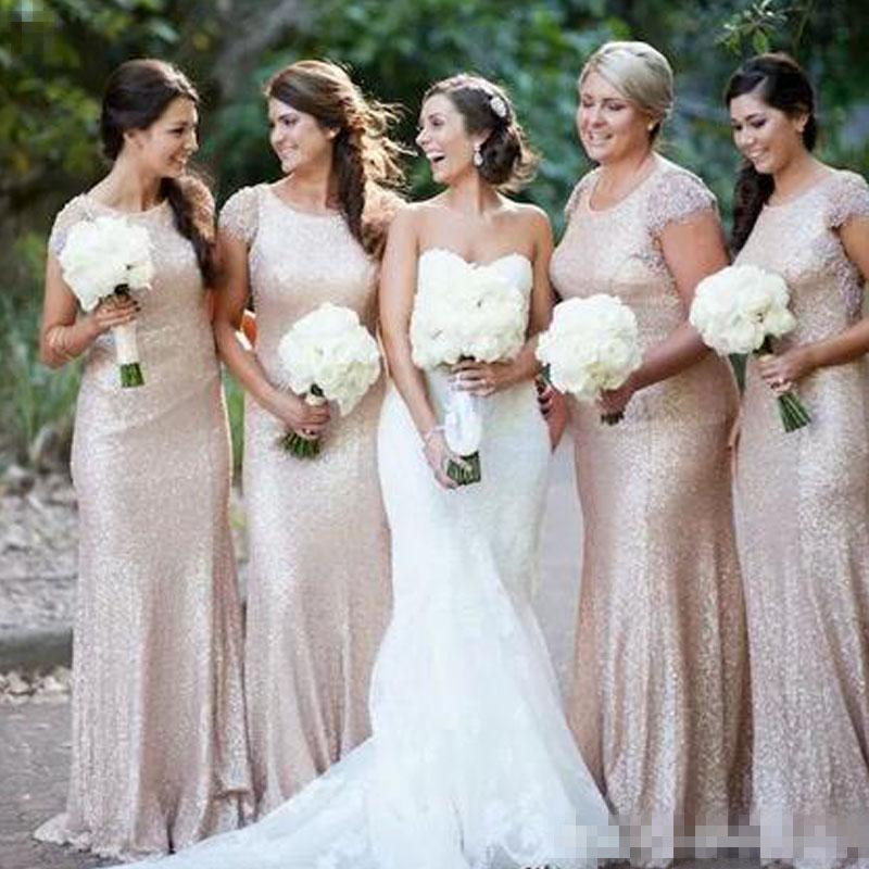 rose gold long bridesmaid dresses mermaid jewel sequined short capped sleeves plus size wedding guest party gowns brautjungfer kleider