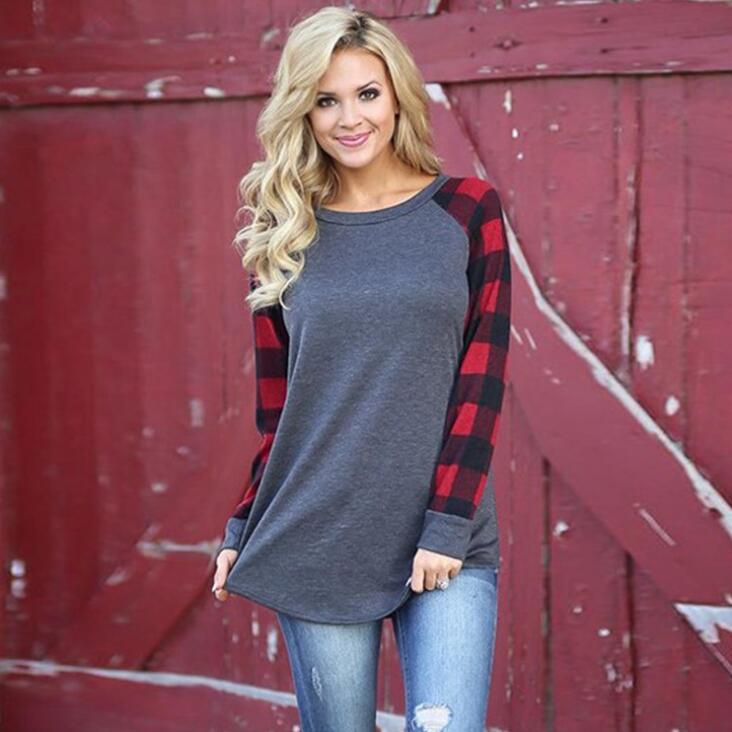 Autumn T Shirts For Women With Print Plaid High Quality Casual Tops Cotton Loose Woman Clothing Long Sleeve T-Shirt