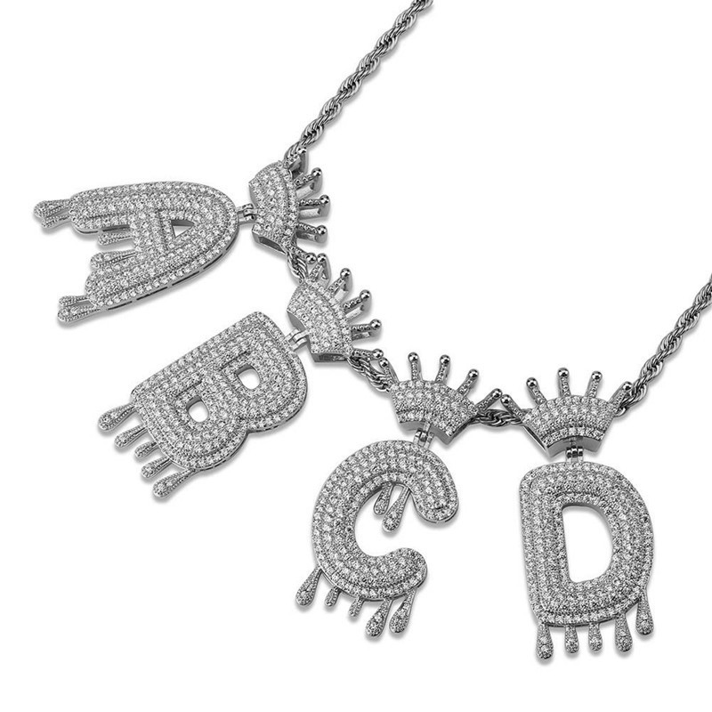 Men Women New Fashion Hip Hop Necklaces White Gold Full CZ Crowm Letters Pendant Necklaces Rapper Jewlery Nice Gift for Friend
