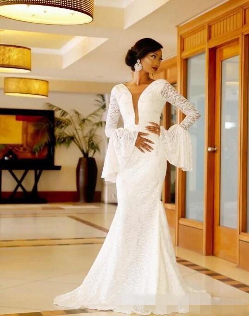 Sexy Mermaid Wedding Dress Full Lace Sheer Long Sleeves Deep V Neck Bridal Gowns Wedding Dresses Custom Made