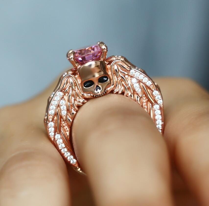 Punk Jewelry Ring: Rose Gold Filled Pink Sapphire CZ Skull Band for Women