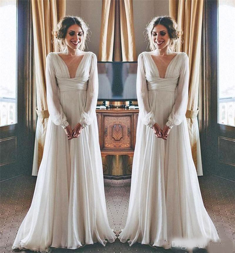 2020 Elegant Boho Beach Wedding Dresses Long Sleeves V Neck Plus Size Chiffon Cheap Summer Maternity Country Greek Style Bridal Gowns