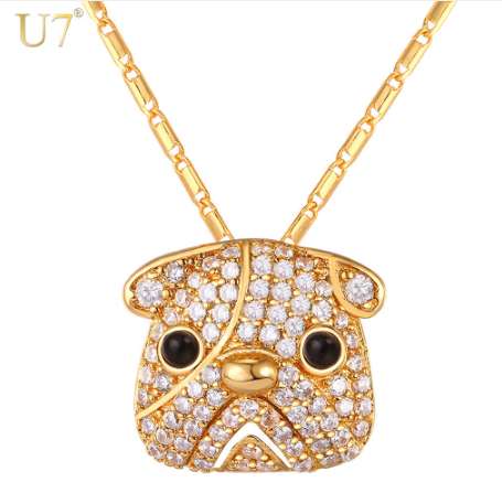 U7 Gold/ Silver Color Full Crystal Cute Pug Dog Pendant Necklace For Women Cubic Zirconia Bull Dog Animal Hip Hop Jewelry P1100