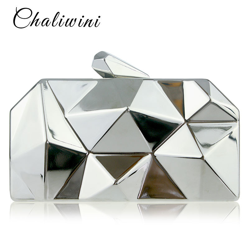 Chaliwini Women Metal Clutches Top Quality Hexagon Mini Clutch Bag Black Silver Evening Bag Gold Box Clutch Y18103004