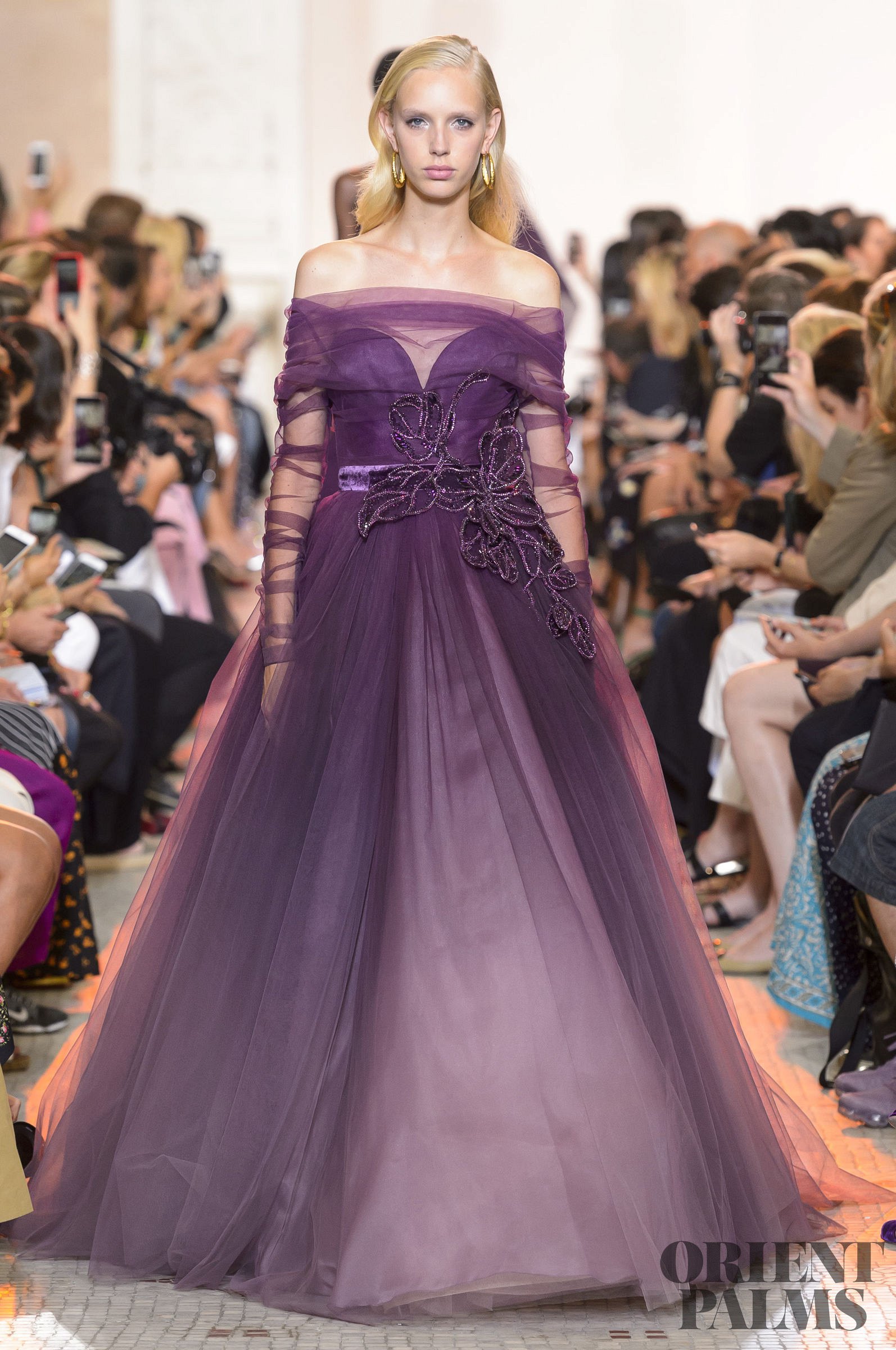 Elie Saab Purple Prom Dresses Off The Shoulder Long Sleeve Beads Illusion Elegant Evening Gowns Lace Applique Sash Special Occasion Dress