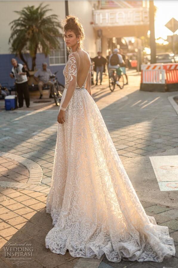 2019 Berta Wedding Dresses A Line Deep V Neck Sweep Train Backless Long Sleeve Lace Wedding Gowns Illusion Plus Size Boho Bridal Dress