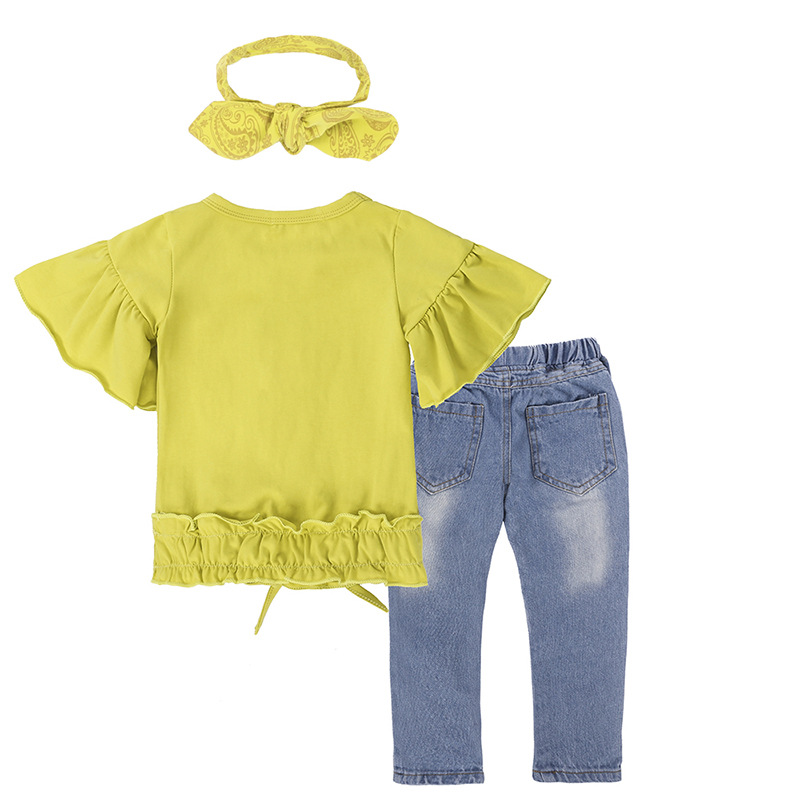Toddler Tracksuits Baby Girls Kids Clothes Set Printed Top T Shirt Hole Denim Shorts+ Bow Headband Clothing Sets 2023 Summer Outfits 3PCS Sets