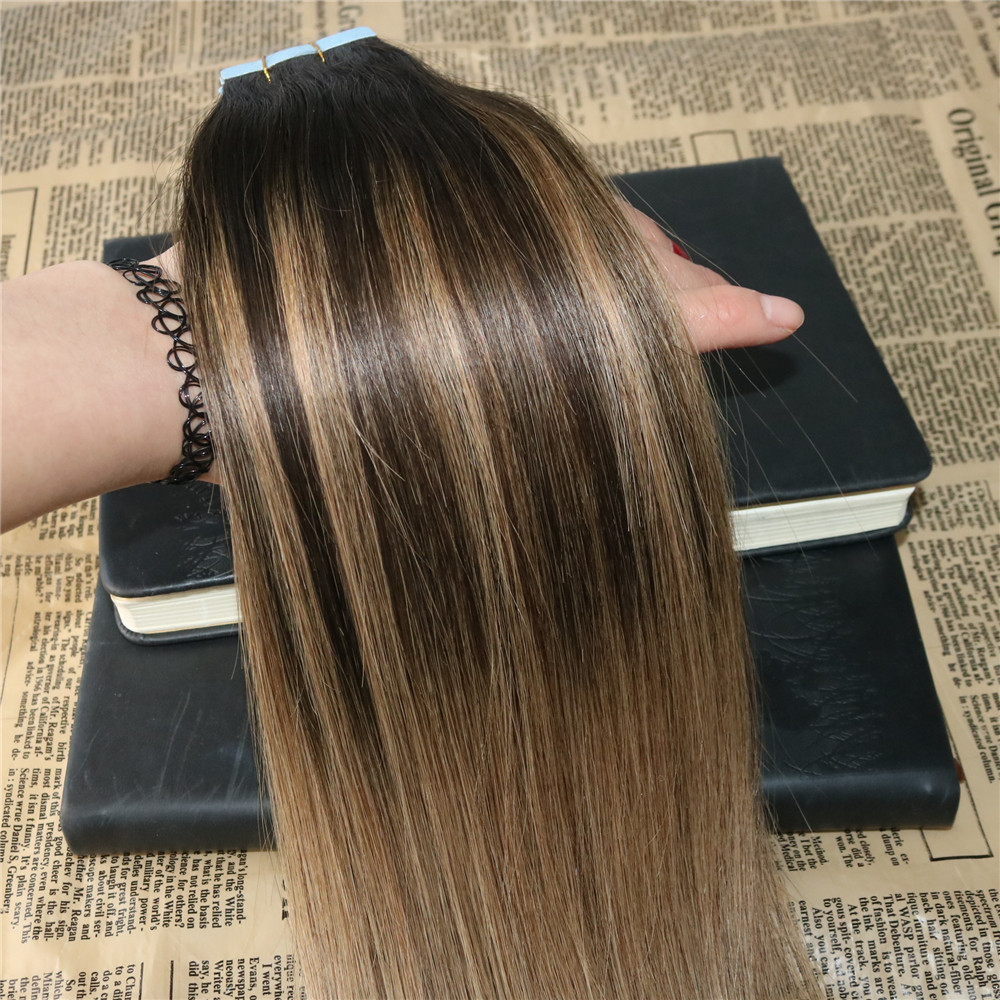 Ombre Color #2 Dark Brown fading to #6 Balayage Skin Weft Human Hair Extensions Tape in Extensons Slik Straight 40Pcs Tape on Hair
