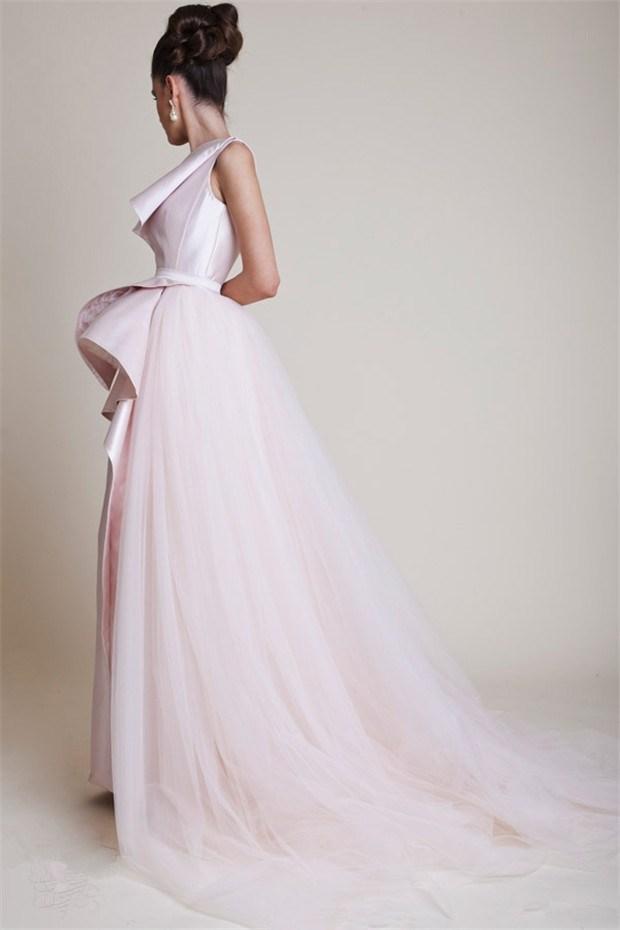 A-Line One Shoulder Celebrity Red Carpet Evening Dresses Tiered Stain And Tulle Overskirt Floor Length Light Pink Formal Prom Ocn Gowns 0510