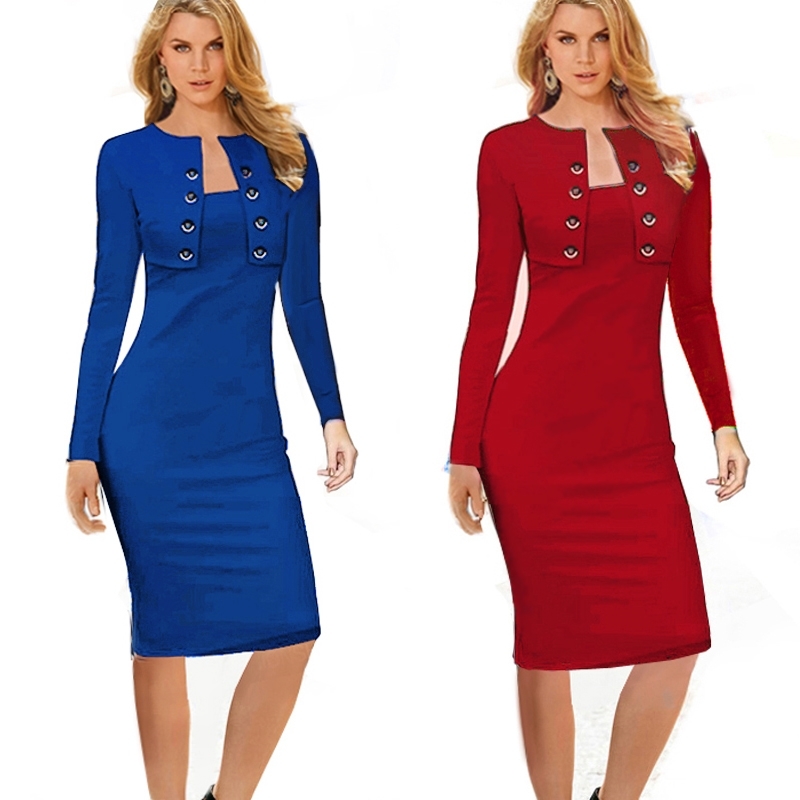 Autumn Winter Women Business Casual Sliming Pencil Dresses Elegant Long Sleeve Office Ladies Wear To Work EB10 D1891703