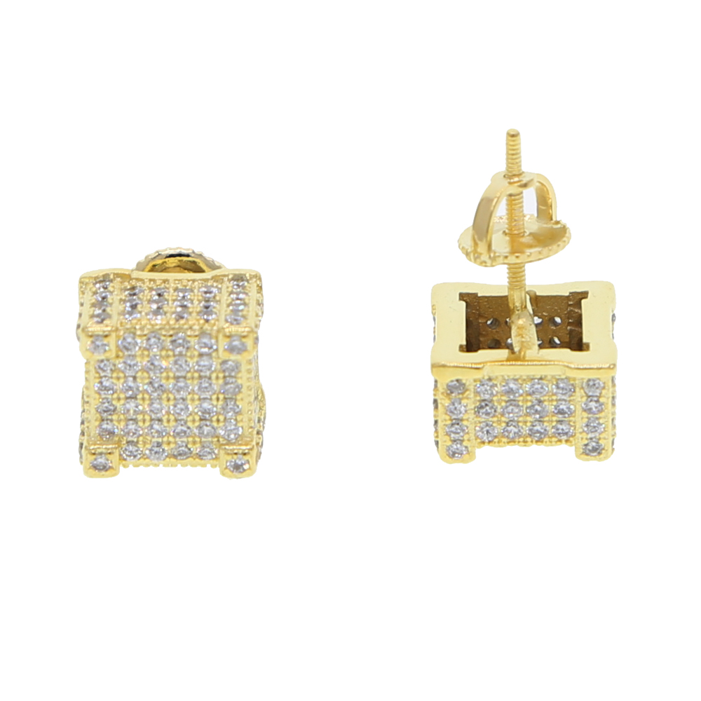 Men's Hip Hop Gold Screw Earrings: Iced Out Square-Shaped CZ Micro-Paved Studs